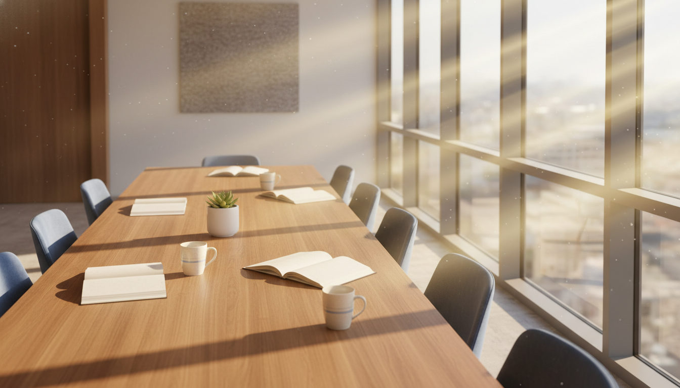 Sunlit modern conference room with wooden table, open notebooks, and coffee mugs